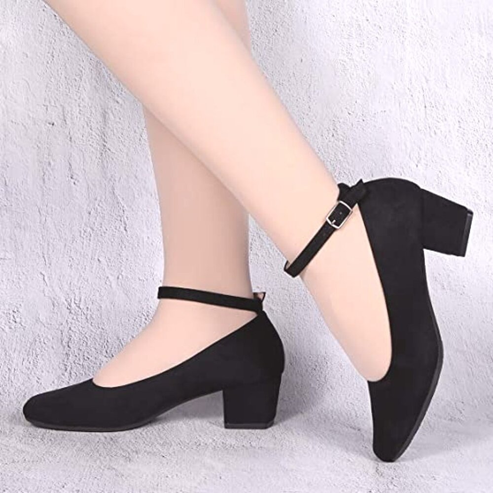 Chunky Low Block Heel Women's Suede Dress Shoes Square Toe Ankle Buckle Pumps